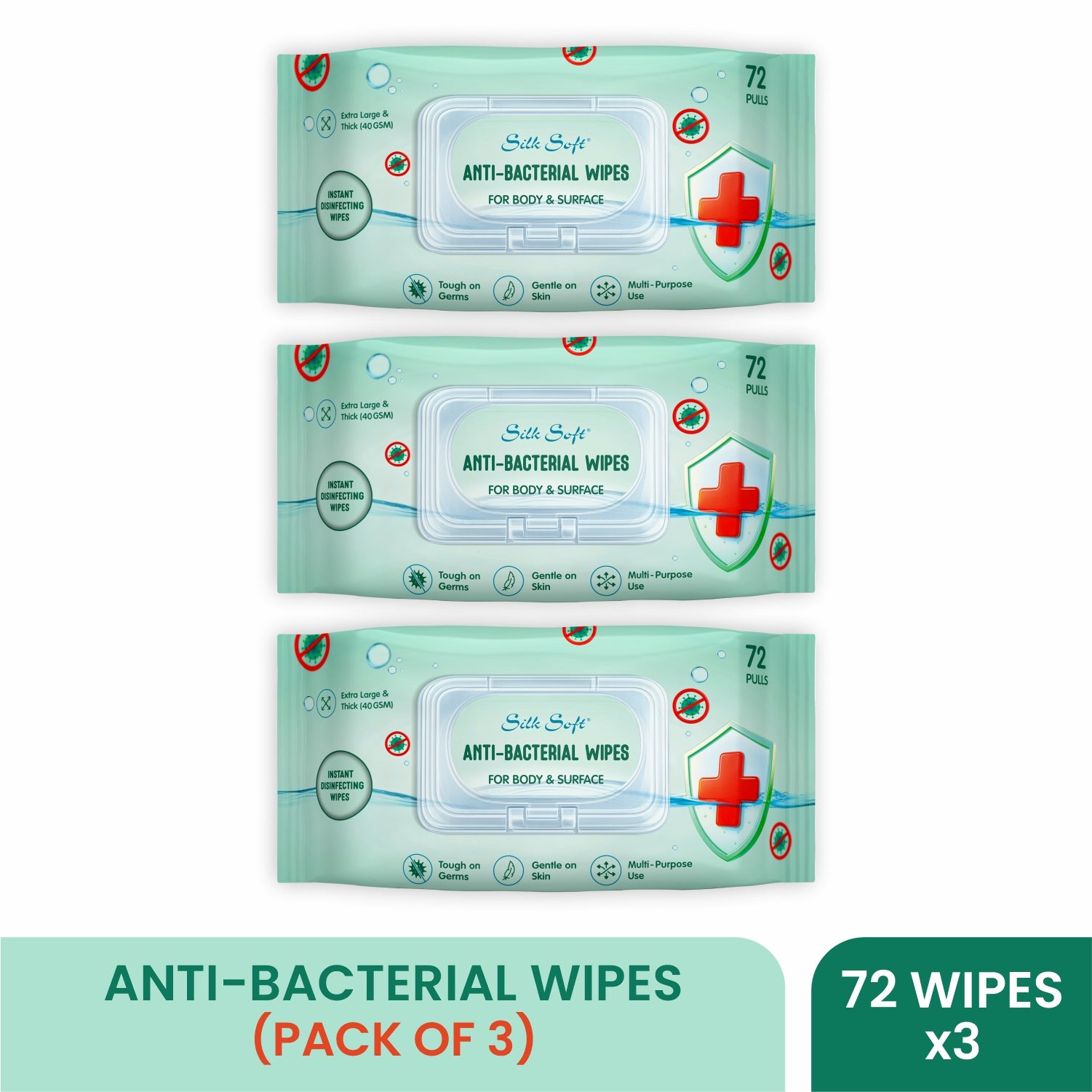 Antibacterial Wipes- For Body & Surface (72 pcs) Silk Soft