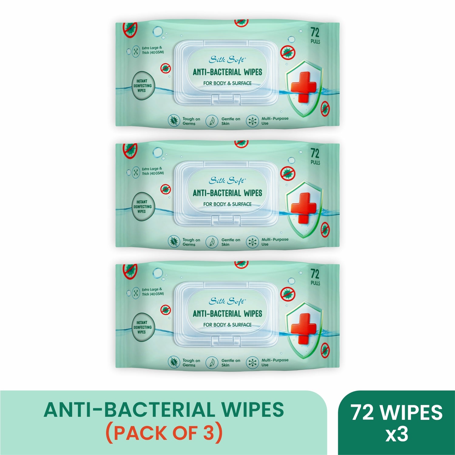 Antibacterial Wipes- For Body &amp; Surface (72 pcs) Silk Soft