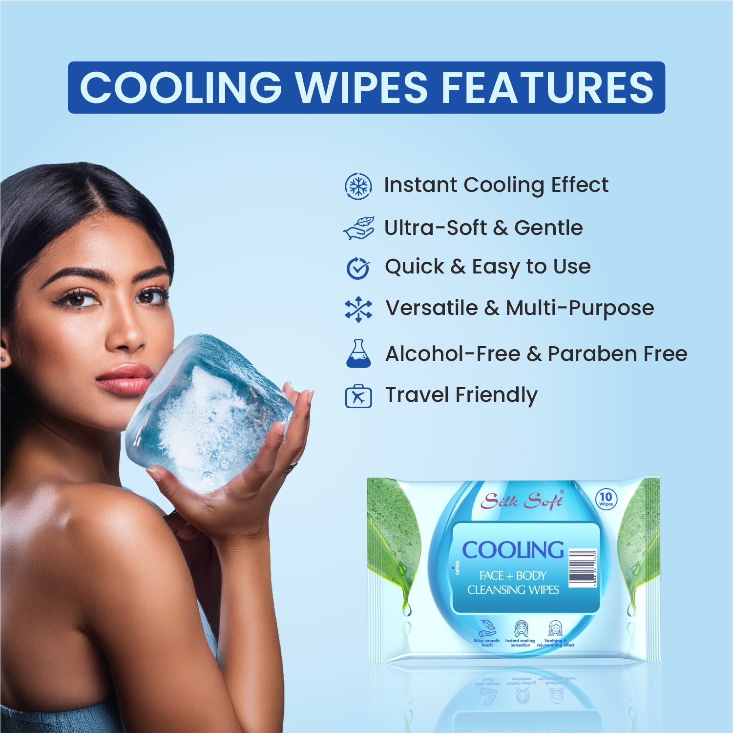 Silk Soft Cooling Wipes with Menthol & Aloe Vera - 10 Wipes Silk Soft