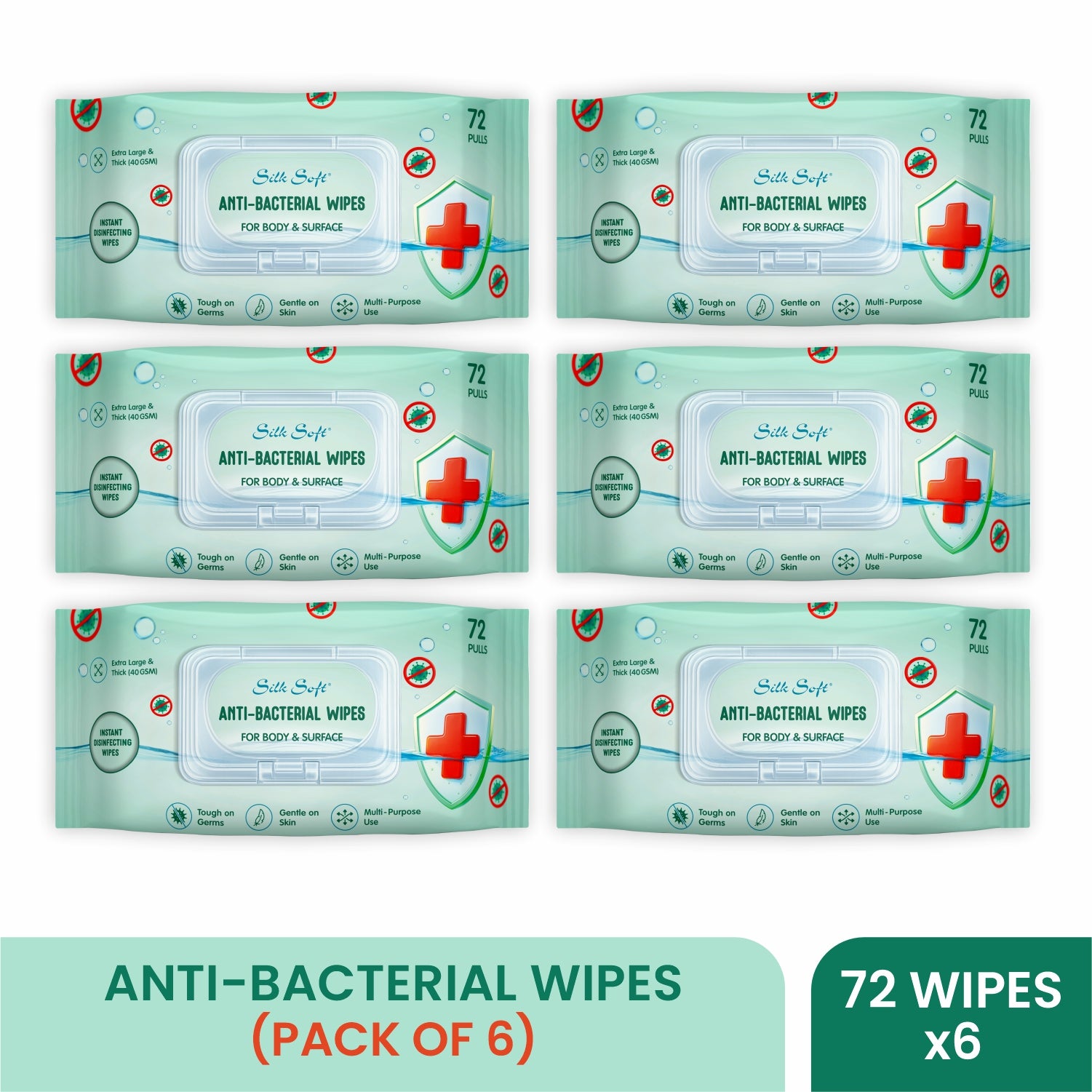 Antibacterial Wipes- For Body &amp; Surface (72 pcs) Silk Soft