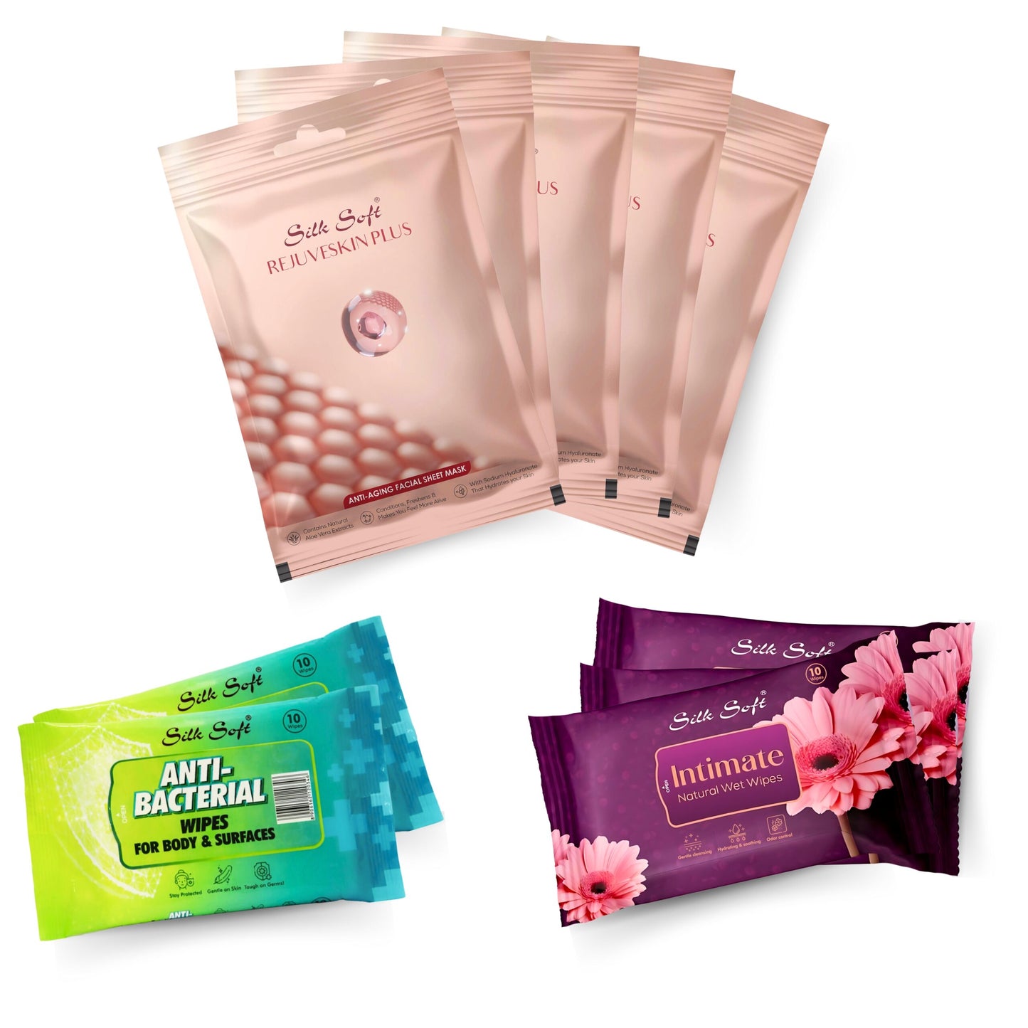 Combo of Rejuveskin Plus Facial Sheet Mask pack of 5, Intimate Wipes pack of 3 & Antibacterial Wipes pack of 3