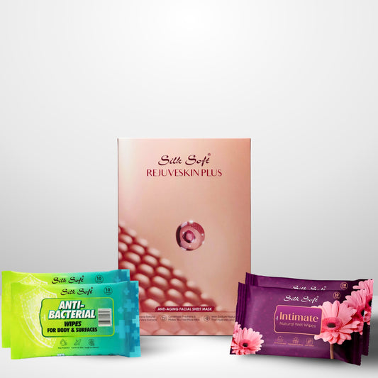 Rejuveskin Plus Facial Sheet Mask with Intimate Wipes & Antibacterial Wipes Combo